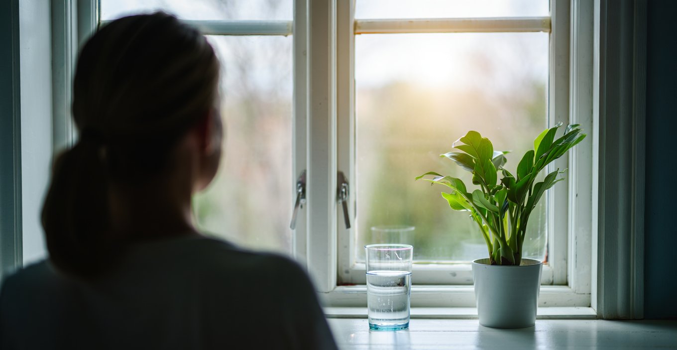 Девушка стоит спиной и смотрит в окно